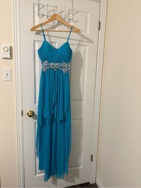 B Darlin Teal Beaded High-Low Chiffon Dress